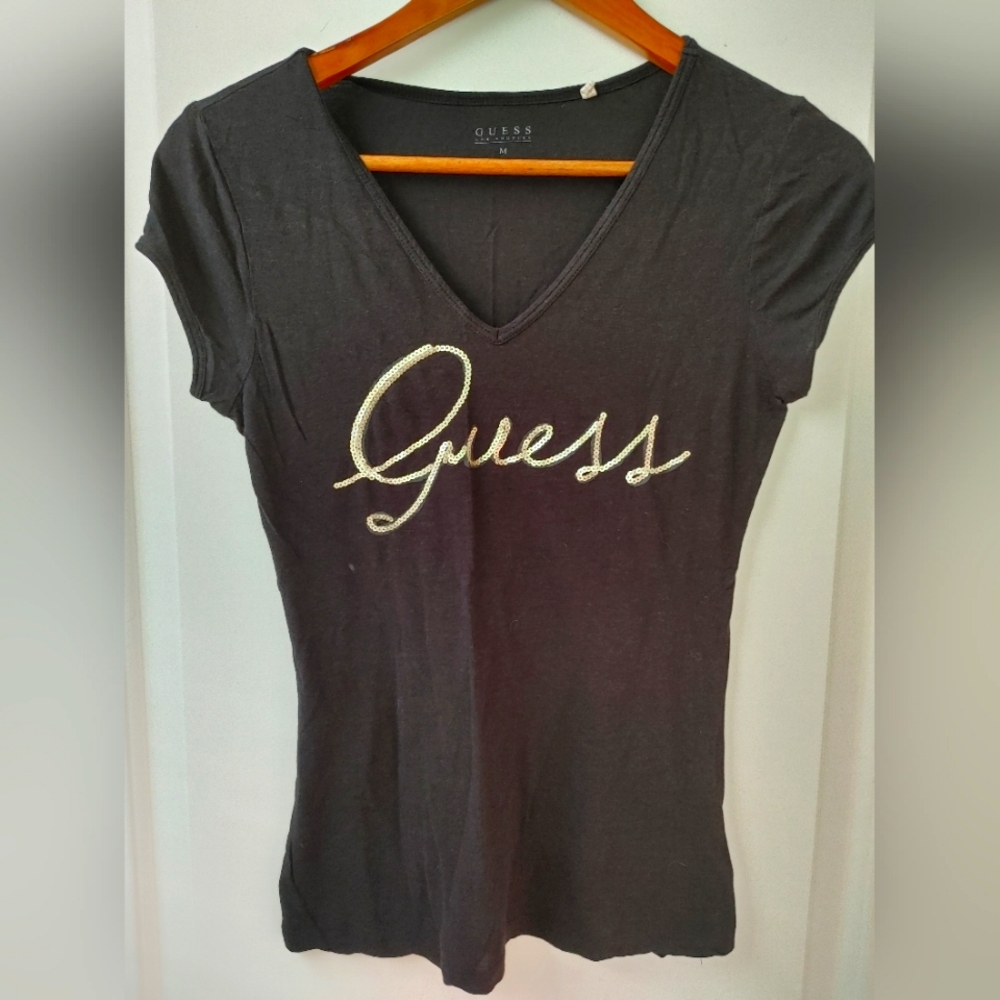 Guess Black Sequin Short Sleeve Shirt ~ Size M